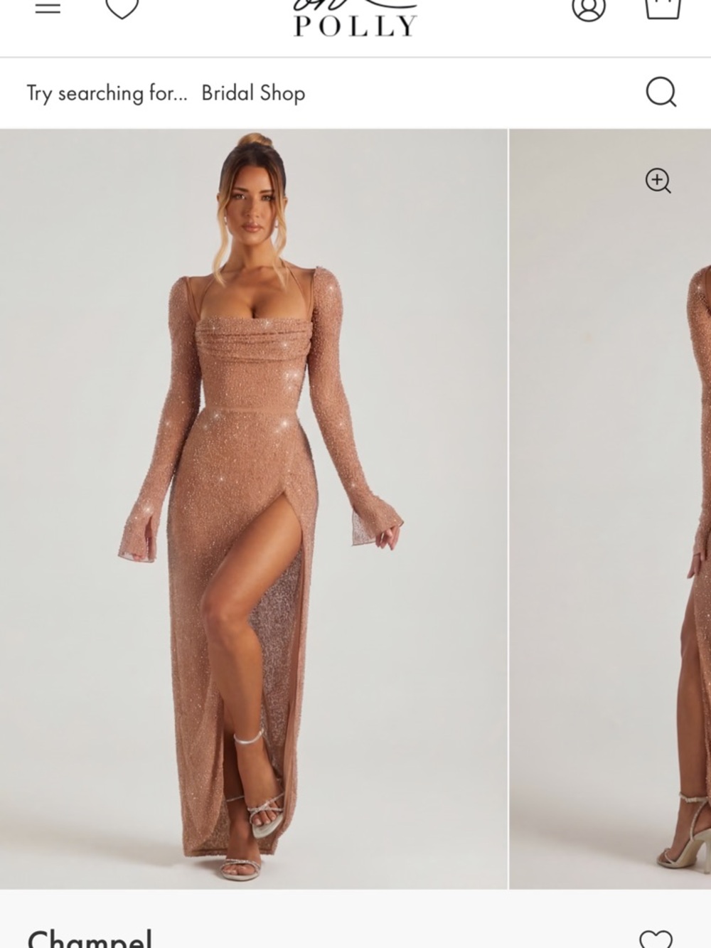 Oh Polly Rose Gold Sequin Long Sleeve High-Slit Maxi Dress